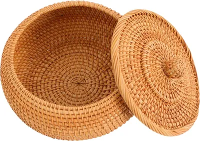 Produktbild von Handgefertigter Flechtkorb - Aufbewahrungskorb - Mit Deckel - Bambus und Rattan - Regalkorb - Natur