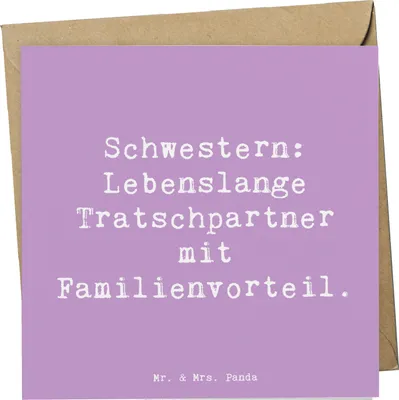 Produktbild von Mr. & Mrs. Panda Grußkarte Spruch Schwestern Tratschpartner - Lavendeltraum - Geschenk, Glückwunschkarte, Tratsch, Spaß, doppelkarte, Klappkarte, Geschwisterliebe