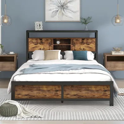 Produktbild von Flieks Metallbett 140x200cm, Bettgestell Jugendbett mit Lattenrost und Stauraumkopfteil, Doppelbett Tagesbett Gästebett, Schwarz