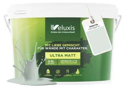 Produktbild von Wandfarbe Grün Hellgrau Mintgrün Matt Innenfarbe – Deckkraft Klasse 1, VOC-frei, Ohne Grundierung, Tropfarm – Wohnzimmer & Schlafzimmer – 2,5L – Veluxis (Perky Peppermint)