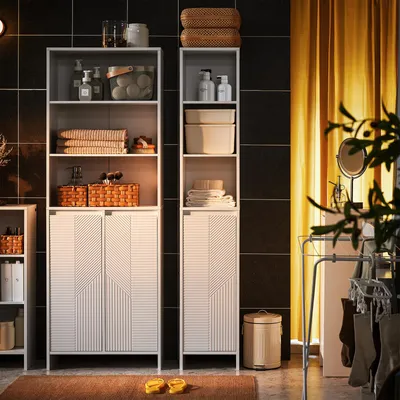 Immagine prodotto di Mobiletto da bagno alto con cesto per la biancheria - Bianco - 30x170x30 cm - MDF