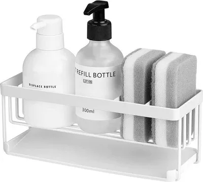 Imagen del producto de Organizador metálico para fregadero Unyqoos®: soporte para esponjas y almacenamiento para detergente/cepillos, con bandeja de goteo extraíble e intercambiable, color blanco, 9 x 9,8 x 23,8 cm