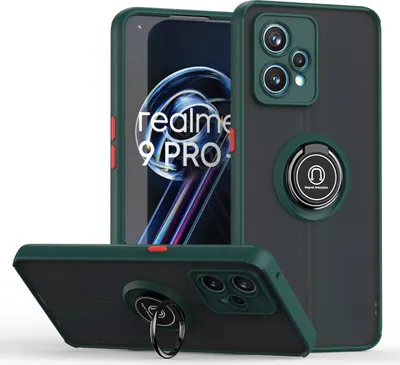 Produktbild von OPPO Realme 9 Pro+ Hülle, Ring Halter Ständer Matte Transluzent TPU Rahmen Stoßfest Schutzhülle für OPPO Realme 9 Pro+ dunkelgrün