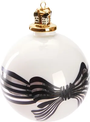 Produktbild von BRUBAKER Premium Weihnachtskugel Schleife mit Geschenk - Weiß, Schwarz und Gold - 10 cm Baumkugel aus Glas mit Geschenkbox