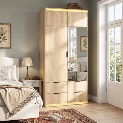 Image de Armoire avec miroir et éclairage LED, dimensions 90x47x200 cm, 2 portes, 1 barre de penderie et 4 tiroirs, en chêne