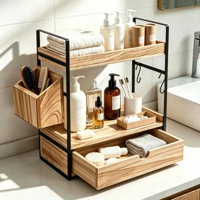 Immagine prodotto di Mobiletto da bagno in legno, 2 ripiani con cassetti, 40,4 x 33,5 x 17 cm