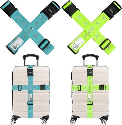 Immagine prodotto di Cinghie regolabili per valigie con lucchetto a combinazione, blu/verde, 50-86 cm