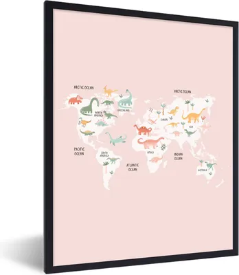 Produktbild von MuchoWow® Gerahmtes Poster Karte - Kinder - Dino 60x80 cm - Poster mit Schwarzem Bilderrahmen Wandposter Rahmen Foto Bilder - Premium - Wanddeko Wohnzimmer