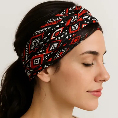 Zdjęcie produktu dla Aztecka bawełniana opaska do włosów - czarno-czerwona w swobodnym stylu boho