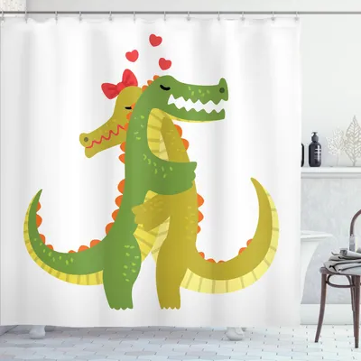 Obrázok produktu pre ABAKUHAUS Sprchový záves Krokodil, Romantické páry, ktoré sa šťastne objímajú, 175 x 200 cm, khaki zelená