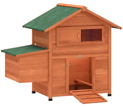 Produktbild von Hühnerstall Hühnerhaus aus Holz mit Nistkasten 2 Sitzstangen Rampe Fenster wasserdichtem Dach 113,5x67,5x95,5 cm Orange