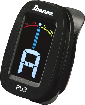 A black Ibanez PU3-BK chromatic clip-on tuner is shown against a white background. The tuner's screen displays tuning information, including the letter 'A' and a needle indicating the tuning status.
