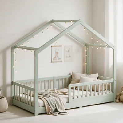 Produktbild von CADANI Malte Hausbett Kinderbett 90x200 cm Pistachio Grün – Montessori Bodenbett, Rausfallschutz abnehmbar, 200 kg belastbar, KI-generiertes Bild