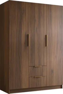 Produktbild von MIRJAN24 Kleiderschrank Calwi I 150, Schlafzimmer, Drehtürenschrank, mit Kleiderstange, Modern, Garderobenschrank, Metallgriffe (Farbe: Nuss Warmia + Gold)