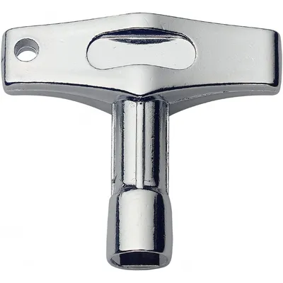 A close-up studio shot of a silver drum key.