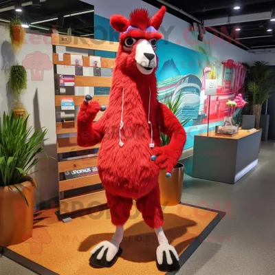 Produktbild von Roter REDBROKOLY Lama Maskottchen Kostüm charakter bekleidet mit Bermudashorts und Schnürsenkeln