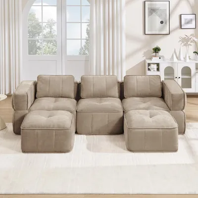 Immagine prodotto di Divano modulare a forma di "U" con 3 posti, 2 poggiapiedi, rivestito in poliestere color sabbia, dimensioni 271x162x67 cm, seduta profonda, non richiede montaggio, capacità di carico fino a 900 kg