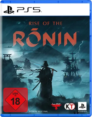 The image is a video game cover for 'Rise of the Ronin' on PS5, featuring a samurai warrior in a stormy, atmospheric landscape with ships in the background. It includes age rating and developer logos.