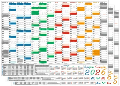 Produktbild von 3 Stück Rainbow Wandkalender Wandplaner 2026 (gerollt) DIN A0 Format (841 x 1189 mm) 14 Monate, komplette Jahresvorschau Folgejahr und Ferientermine Feiertage aller Bundesländer