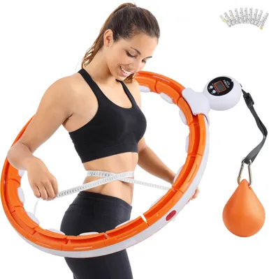 Imagen del producto de Aros de hula-hoop inteligentes de color naranja para adultos, con pelota de peso, y aros de hula-hoop con 16 secciones ajustables para facilitar su desmontaje, ideales para el ejercicio físico y la pérdida de peso