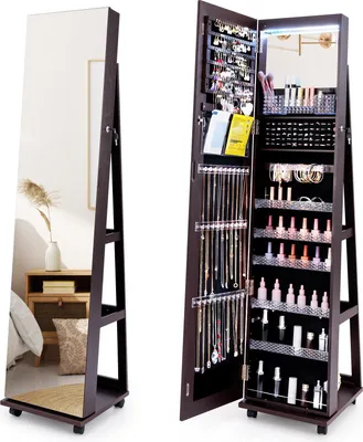 Produktbild von GOPLUS Schmuckschrank mit Ganzkörperspiegel, Spiegelschrank mit Beleuchtung & Ablage, abschließbarer Schmuck Organizer mit Rollen für Schlafzimmer