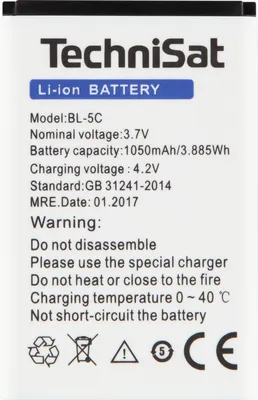 A product label for a TechniSat Li-ion battery.