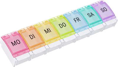 Produktbild von WELLGRO Tablettenbox für 7 Tage - Pillendose - 1 Fach pro Tag - Klappdeckel mit Druckverschluss - Material BPA-freier Kunststoff (PP) - Farbe wählbar