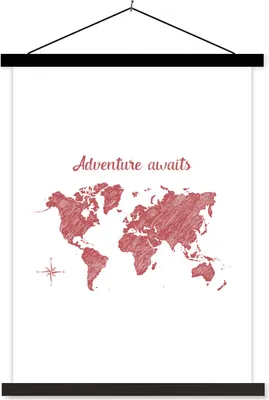 Produktbild von MuchoWow® Textilposter Weltkarte - Zitate - Rot 90x120 cm mit schwarzem Rahmen - Dekoration