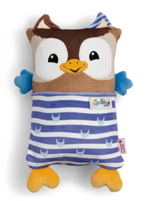 A plush owl toy is shown against a white background.