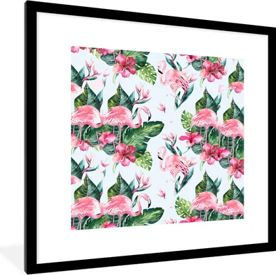Produktbild von MuchoWow® MuchoWow® Gerahmtes Poster Flamingo - Blumen - Blätter - Muster 40x40 cm - Poster mit zchwarzem Bilderrahmen - Poster - Plakat im Rahmen