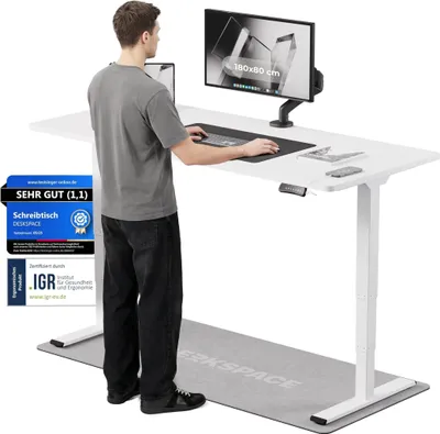 Produktbild von DESKSPACE PRO Plus Elektrisch höhenverstellbarer Schreibtisch, 180x80 cm Stehpult mit Memory-Funktion, Weiße Tischplatte, Weißes Gestell
