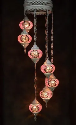 Produktbild von Hanglamp aus buntem Glas mit 7 Mozaik-Bällen, handgefertigte orientalische Kronleuchter in Cremeweiß