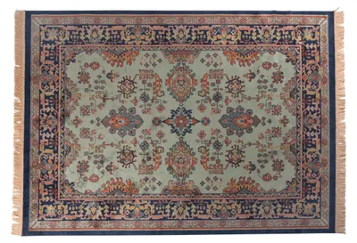 Teppich Raz 160x230 cm Grün mit ornamentalem Muster in Rot und Blau, Fransen an den Seiten, Gesamtansicht.