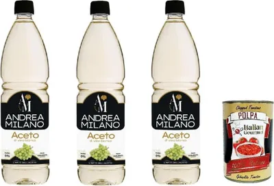 Produktbild von Andrea Milano, Weißweinessig, ideal zum Kombinieren mit rohem Gemüse, hervorragend zum Marinieren und Saucen, ausgeglichener Geschmack, 6% Säure, 3x 1LT + Italian Gourmet polpa 400g