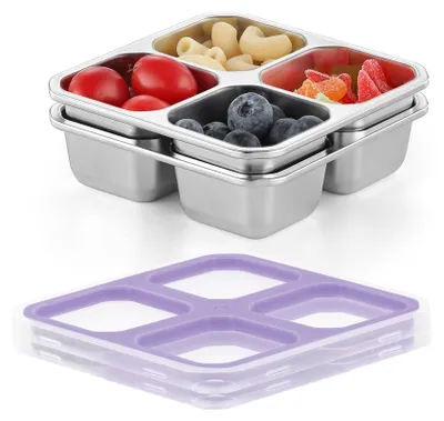 Imagen del producto de Omgoods - Juego de 2 fiambreras de acero inoxidable con 4 compartimentos, reutilizables para llevar comida y snacks