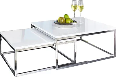 Produktbild von 2er Set Design Couchtisch MENTO weiss hochglanz 75cm Edelstahl