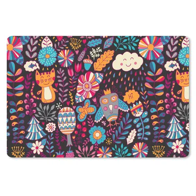 Produktbild von MuchoWow® Schreibtischunterlage Muster - Eule - Katze - Blumen 60x40 cm - XXL Mauspad - Großes Mauspad