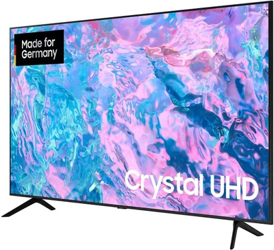 A Samsung Crystal UHD TV is shown from a diagonal angle on a white background.