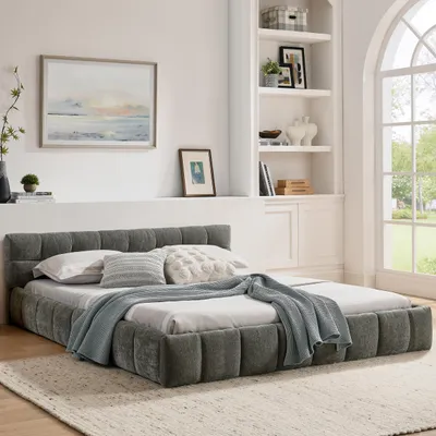 Image de Sweiko lit double 160x200 cm, lit avec housse chenille douce et soyeuse, design piqué carré, en bois d'eucalyptus écologique et cadre en fer stable, montage facile, Dark Gray (sans matelas)