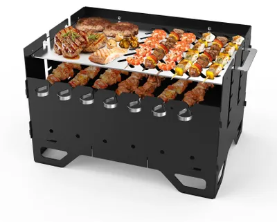 Imagen del producto de Barbacoa portátil con rejilla extraíble, plancha, 7 brochetas, ideal para camping y picnics