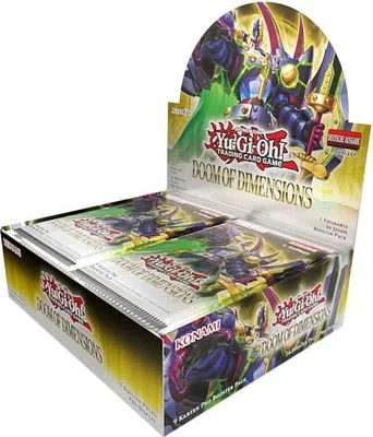 A display box of Yu-Gi-Oh! Trading Card Game Doom of Dimensions booster packs, shown from a slightly elevated side angle.