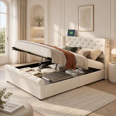 Productafbeelding van INONEFT Hydraulisch verstelbaar bed met kussenbodem, 140x190 cm, met USB-aansluitingen, tweepersoonsbed/jongerenbed met nachtlampje, bedframe met lattenbodem, fluweel, beige, AI-gegenereerde afbeelding