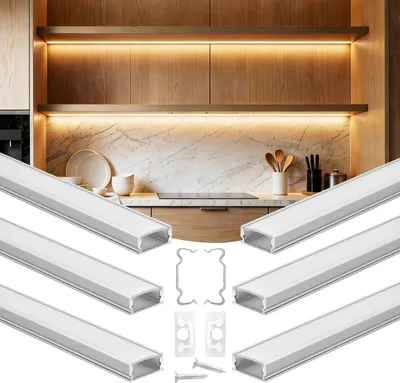 Obrázek produktu pro VEVOR LED profil, balení po 6 kusech, 1 m, eloxované hliníkové profily s mléčným krytem, koncovky a upevňovací spony, kanály, difuzor pro LED pásky, ideální pro podstavné pracovní desky, tvar U