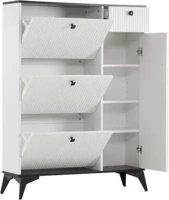 Imagen del producto de Zapatero con 3 puertas, zapatero blanco estrecho con 1 cajón y 1 armario, cómoda de madera para zapatos, estante para zapatos de 121x25x90 cm