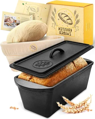 Immagine prodotto di Stampo per pane con coperchio - Padella in ghisa - Per cuocere il pane a casa - Include cestello per lievitazione - 28 cm - Rosso