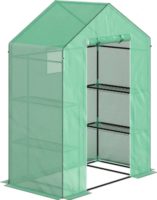 Produktbild von Fortuna Lai Gewächshaus mit Rolltür, Fenster, Regale, winterfest Foliengewächshaus aus Stahl, Treibhaus für Balkon, Garten, Tomatenhaus 143 x 74 x 190 cm, Tomatengewächshaus für Tomaten, Gemüse, Grün