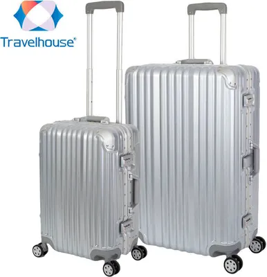 Produktbild von 2er Reisekoffer Set, Handgepäck, Koffer L, Hartschalen Polycarbonat Alu Trolley  Travelhouse London 2er Kofferset S, L, Silber