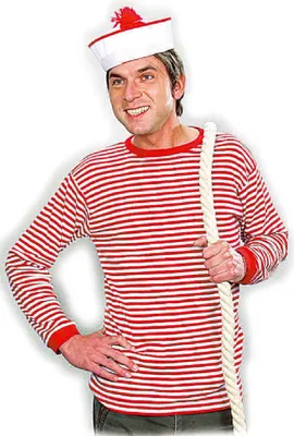A man wearing a striped shirt and a sailor hat, holding a rope.