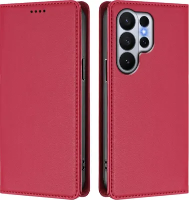 Image de Étui en cuir pour Samsung Galaxy S26 Ultra, étui à rabat magnétique en cuirPolyuréthaneavec support, rouge