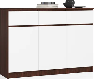 A modern white and brown cabinet with three doors and three drawers.